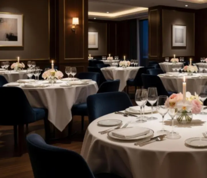 Elegancka sala restauracyjna przygotowana na wieczorne wydarzenie kulinarne