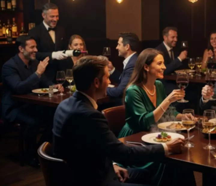 Wieczorna atmosfera w restauracji Vel Krago z gośćmi przy świecach i eleganckich daniach.