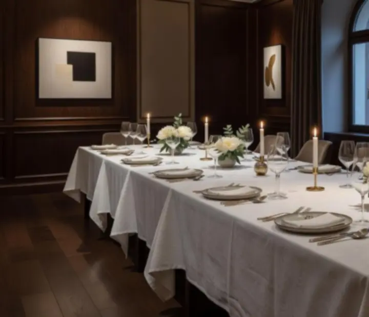 Elegancka prywatna sala w restauracji Vel Krago przygotowana na kolację przy świecach.
